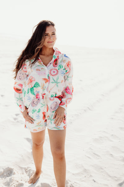 Beulah Style Fruit Print Blouse and Shorts Set