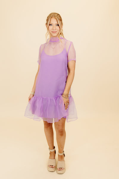 Karlie Lilac Solid Organza Mock Neck Bow Dress