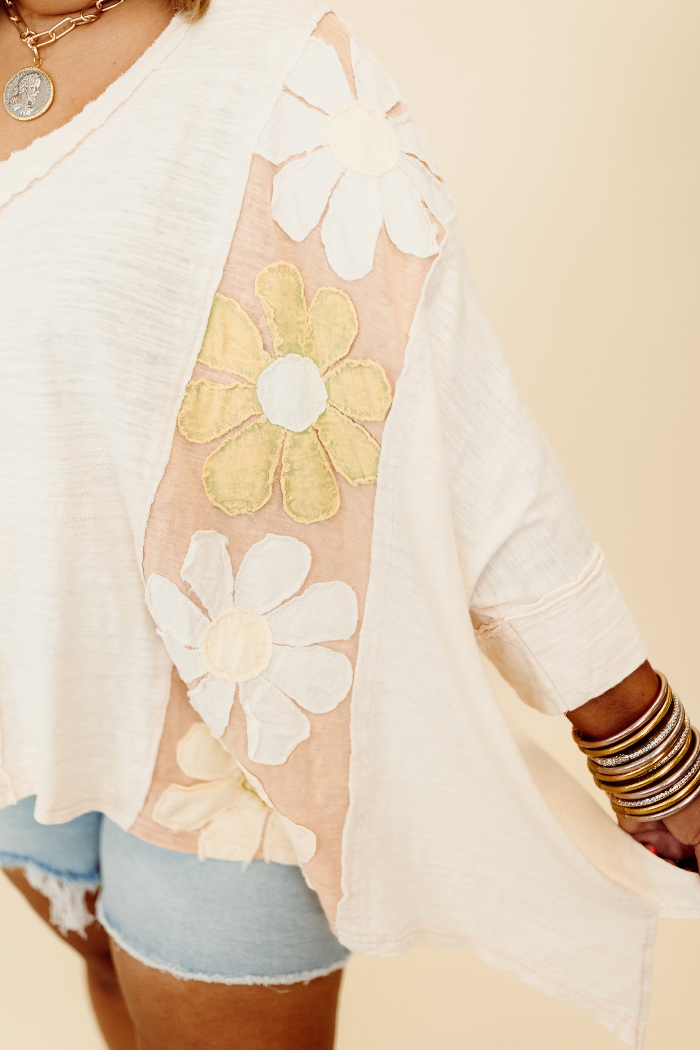 Cream Mineral Wash Daisy Detail Oversized Top