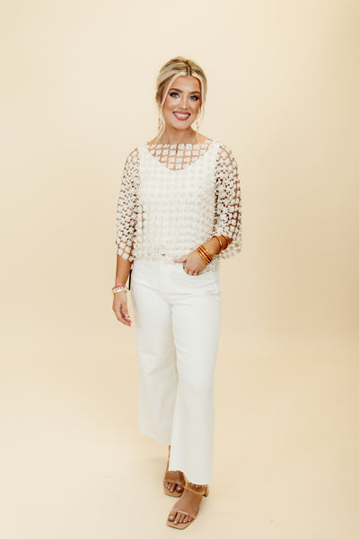 Beulah Ivory Floral Pearl Crochet Open Knit Blouse