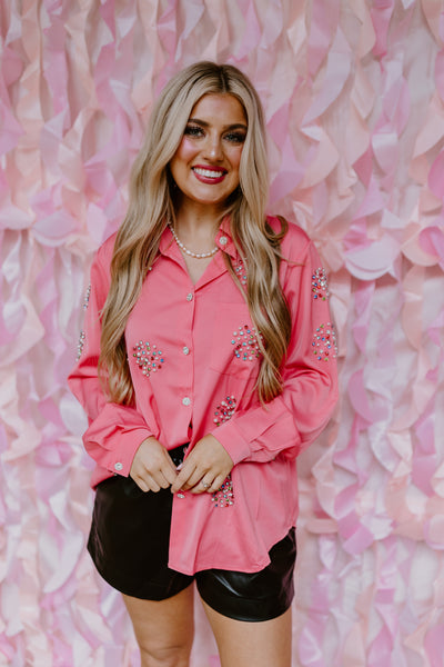 Beulah Style Pink Multi Rhinestone Embellished Button Down