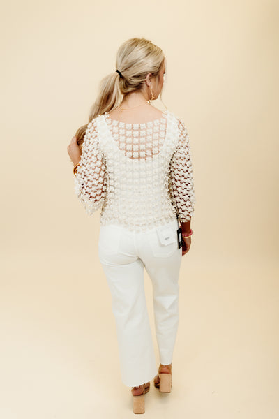 Beulah Ivory Floral Pearl Crochet Open Knit Blouse