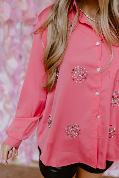 Beulah Style Pink Multi Rhinestone Embellished Button Down