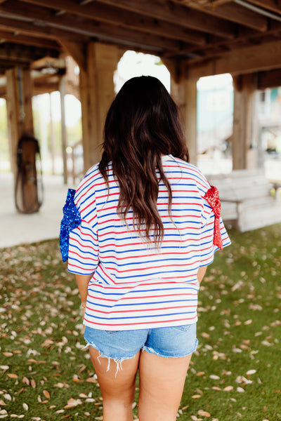 Red White and Blue Sequin Detail Bow Striped Top