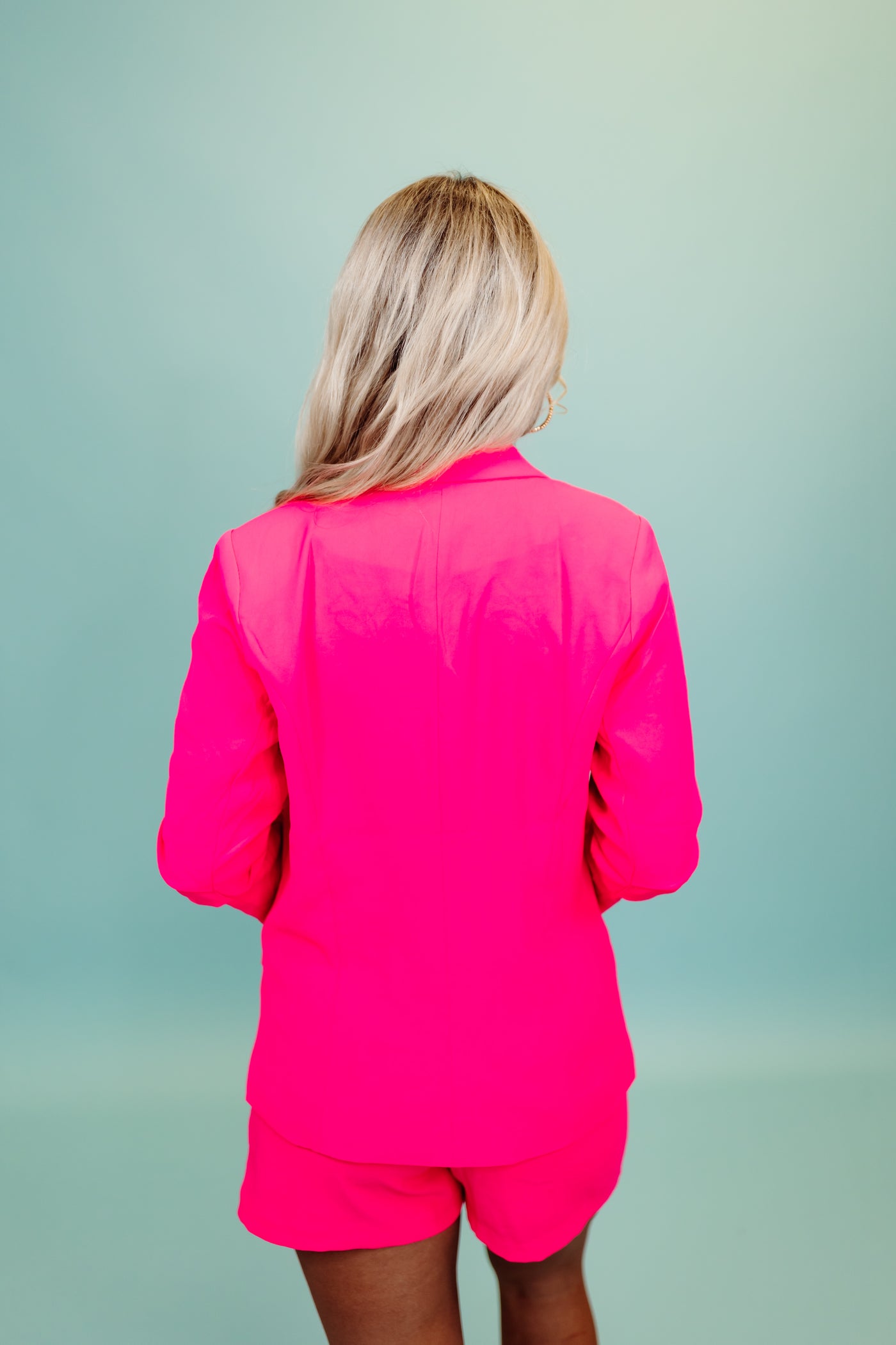 Neon Pink Shirred Sleeve Pocket Blazer
