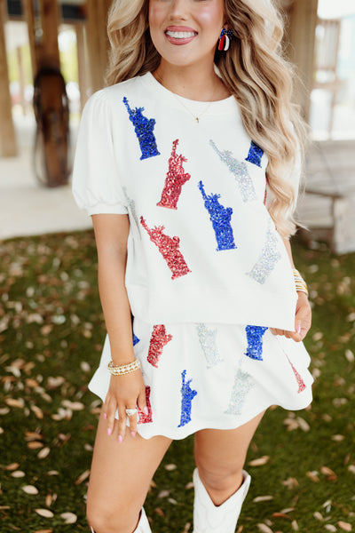 Red White and Blue Statue Of Liberty Rhinestone Top and Short Set