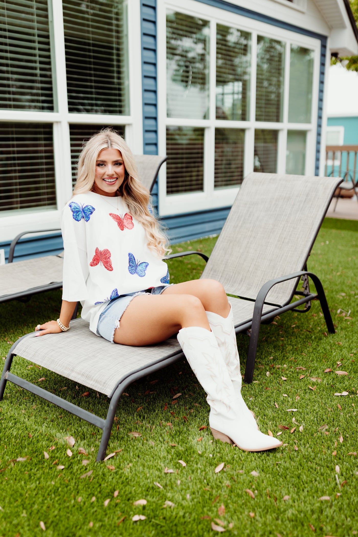 White Red and Blue Butterfly Oversized Tee