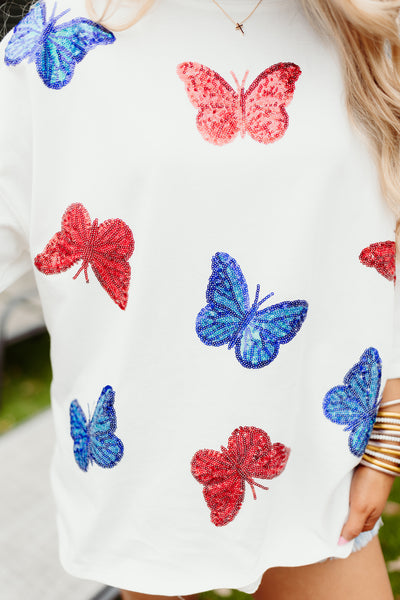 White Red and Blue Butterfly Oversized Tee