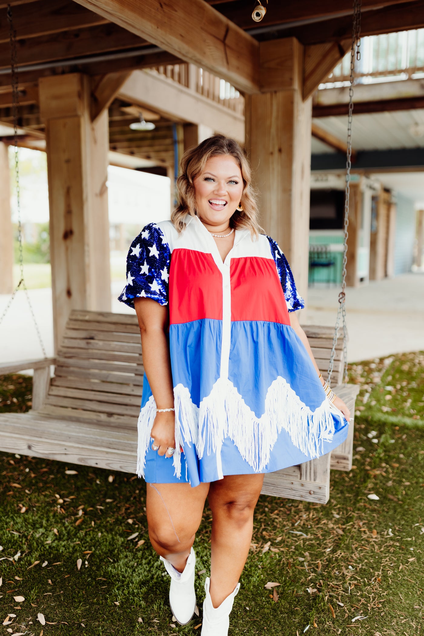Red White and Blue Tiered Button Down Sequin Fringe Dress