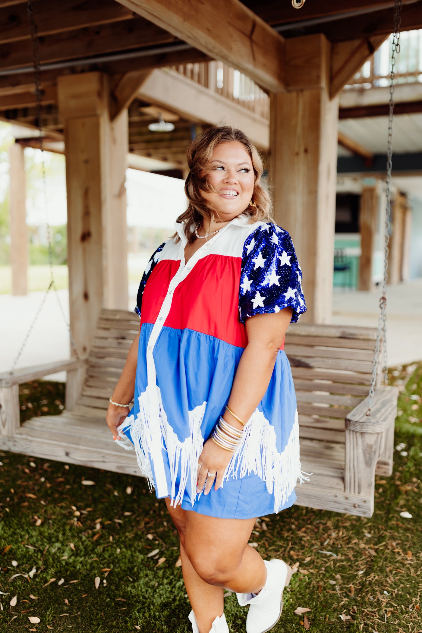 Red White and Blue Tiered Button Down Sequin Fringe Dress