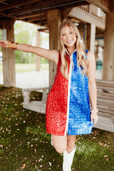 Red and Blue Sequin Colorblock Collared Tank Dress