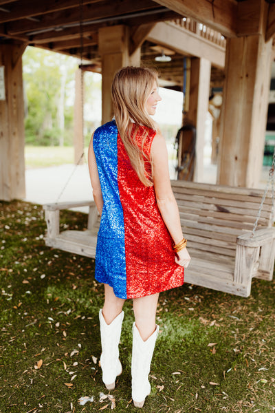 Red and Blue Sequin Colorblock Collared Tank Dress