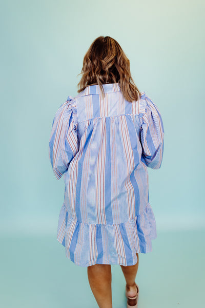 Karlie Blue Striped Ruffle Puff Sleeve Button Dress
