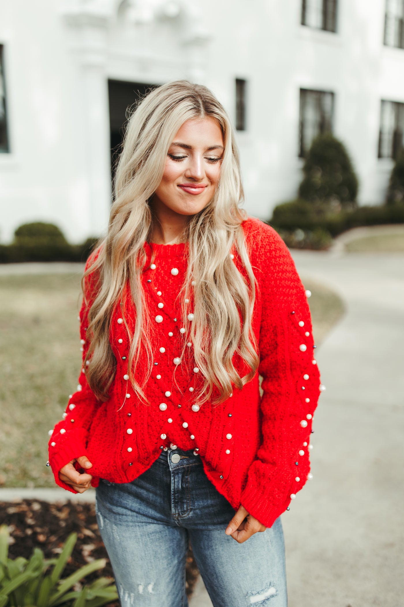 Red Pearl Beaded Cable Knit Sweater