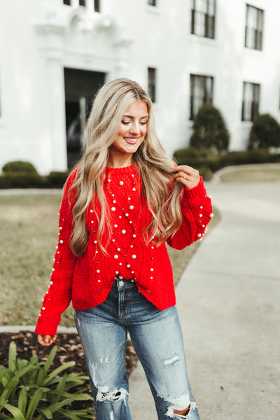 Red Pearl Beaded Cable Knit Sweater