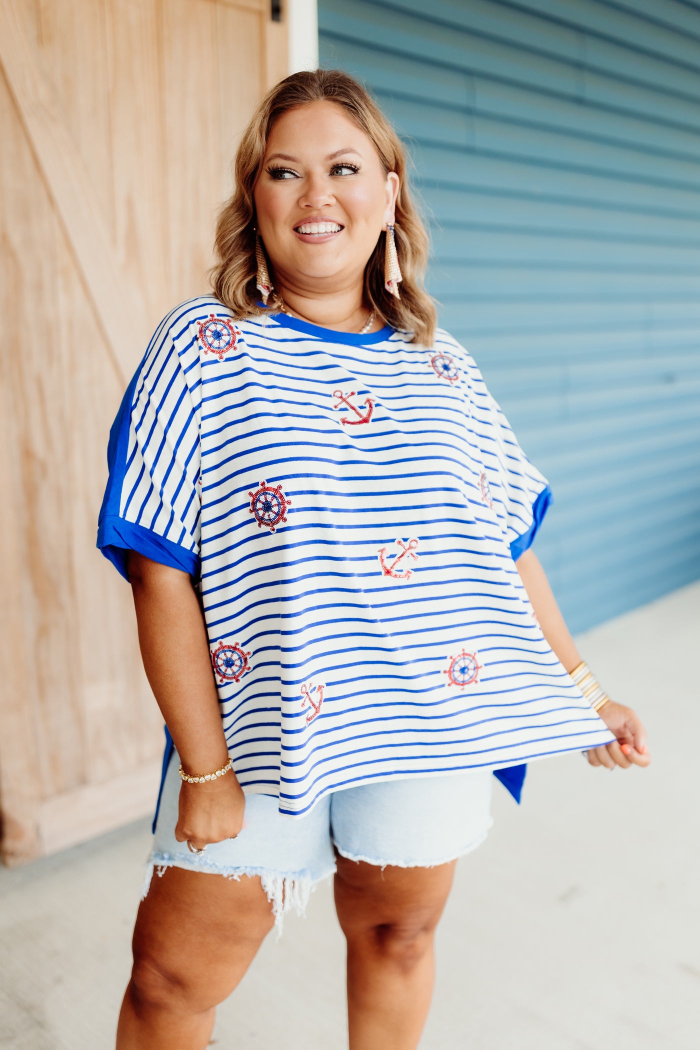 Blue Marine Sequin Patch Striped Oversized Tee