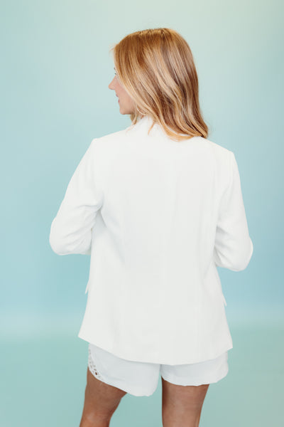 White Shirred Sleeve Pocket Blazer