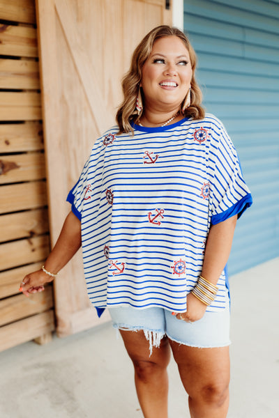 Blue Marine Sequin Patch Striped Oversized Tee