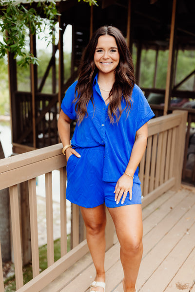 Royal Blue Textured Button Down and Short Set