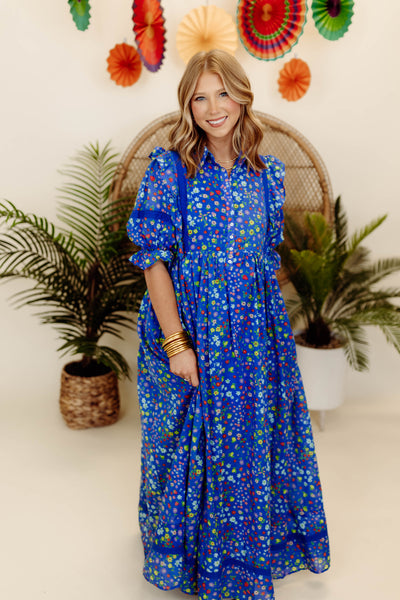 Karlie Blue Summer Floral Fruit Puff Sleeve Tier Maxi Dress