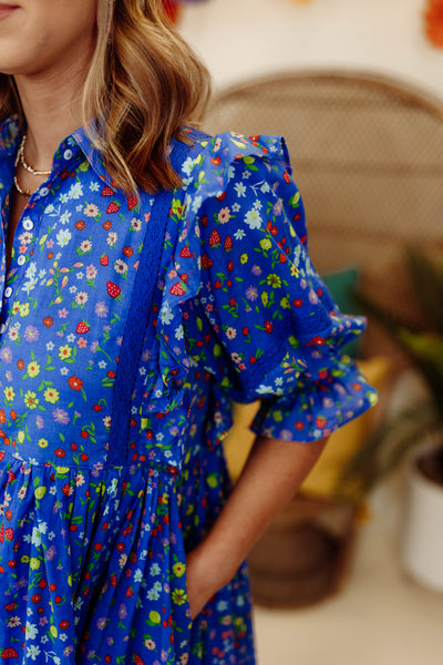 Karlie Blue Summer Floral Fruit Puff Sleeve Tier Maxi Dress