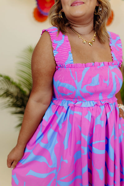 Pink and Blue Printed Smocked Detail Dress