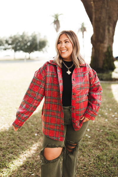 Red Mix Sequin Christmas Plaid Shacket