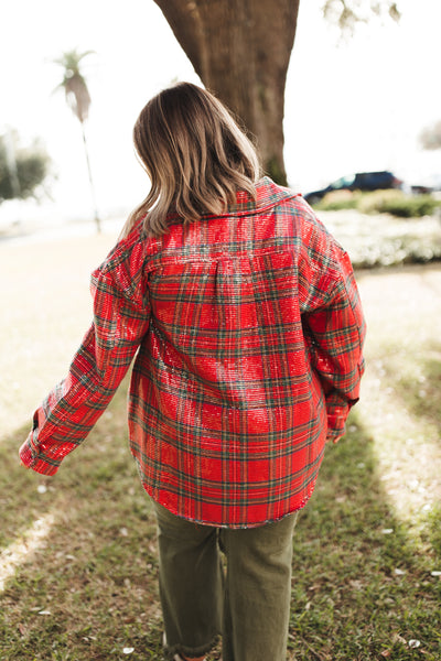 Red Mix Sequin Christmas Plaid Shacket