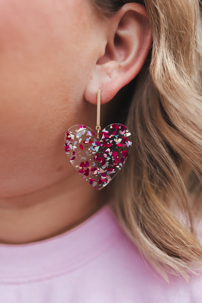Virtue Jewelry Acrylic Heart on Bar Post - Hot Pink/Silver Fleck