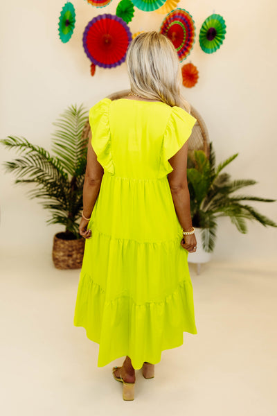 Chartreuse Scallop Trim Ruffle Sleeve Midi Dress