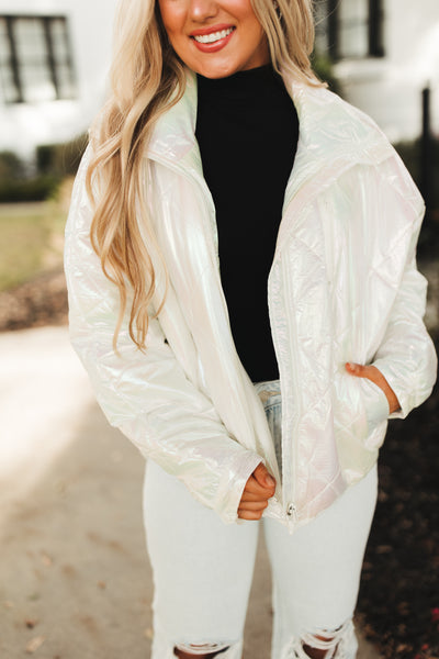 White Metallic Puffer Jacket