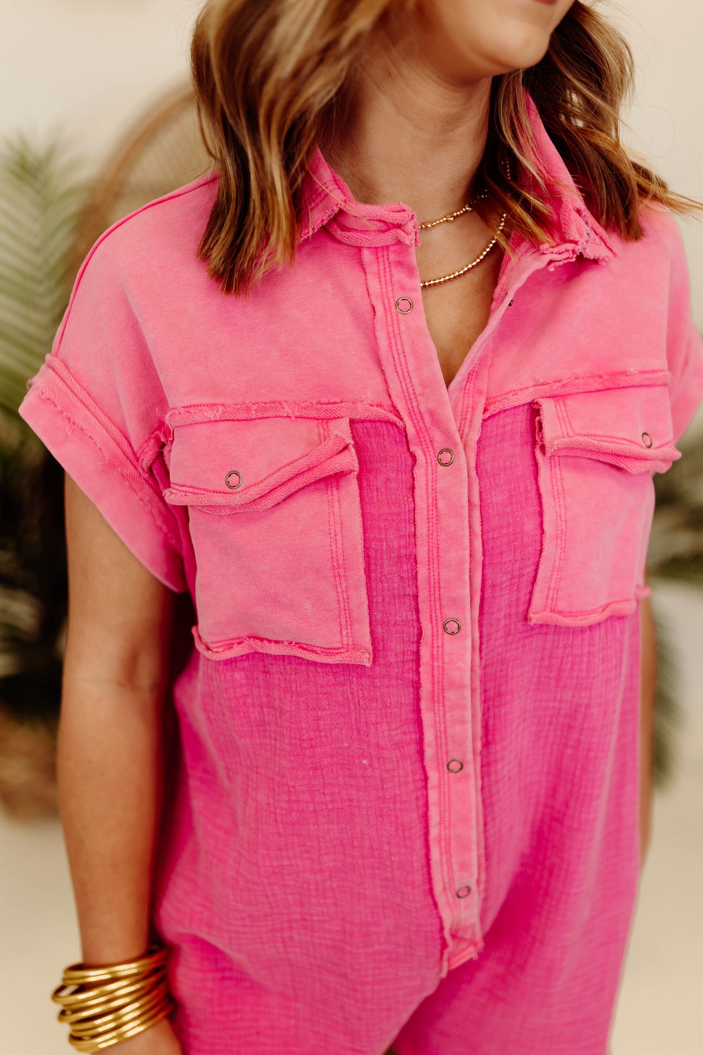 Pink Mineral Washed Button Down Romper