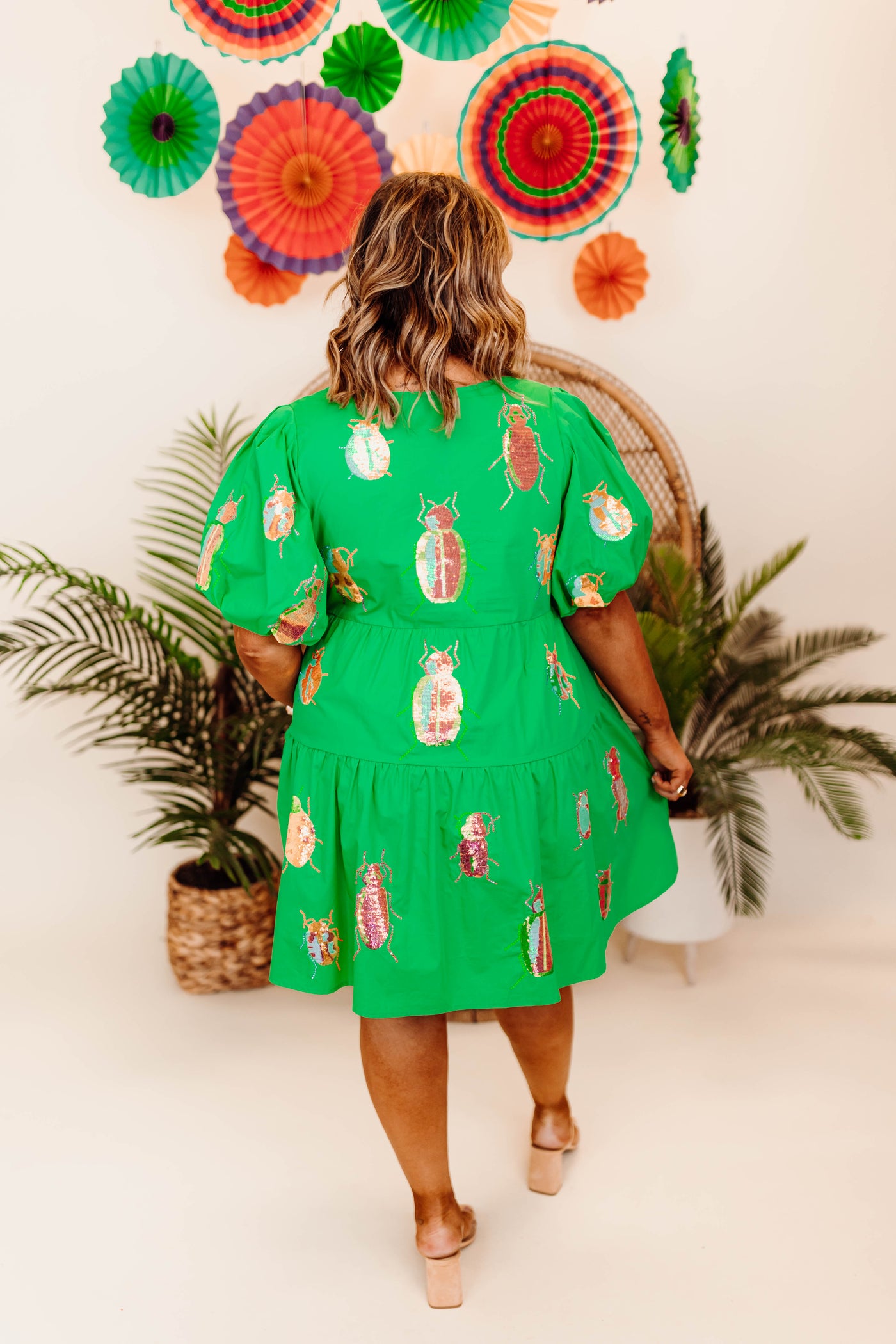Queen of Sparkles Bright Green Beetle Poof Sleeve Dress