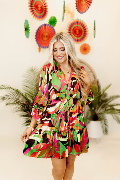 Karlie Brown Multi Abstract Satin Tiered Dress