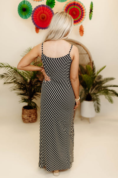 By Together Black and Natural Striped Sleeveless Midi Dress