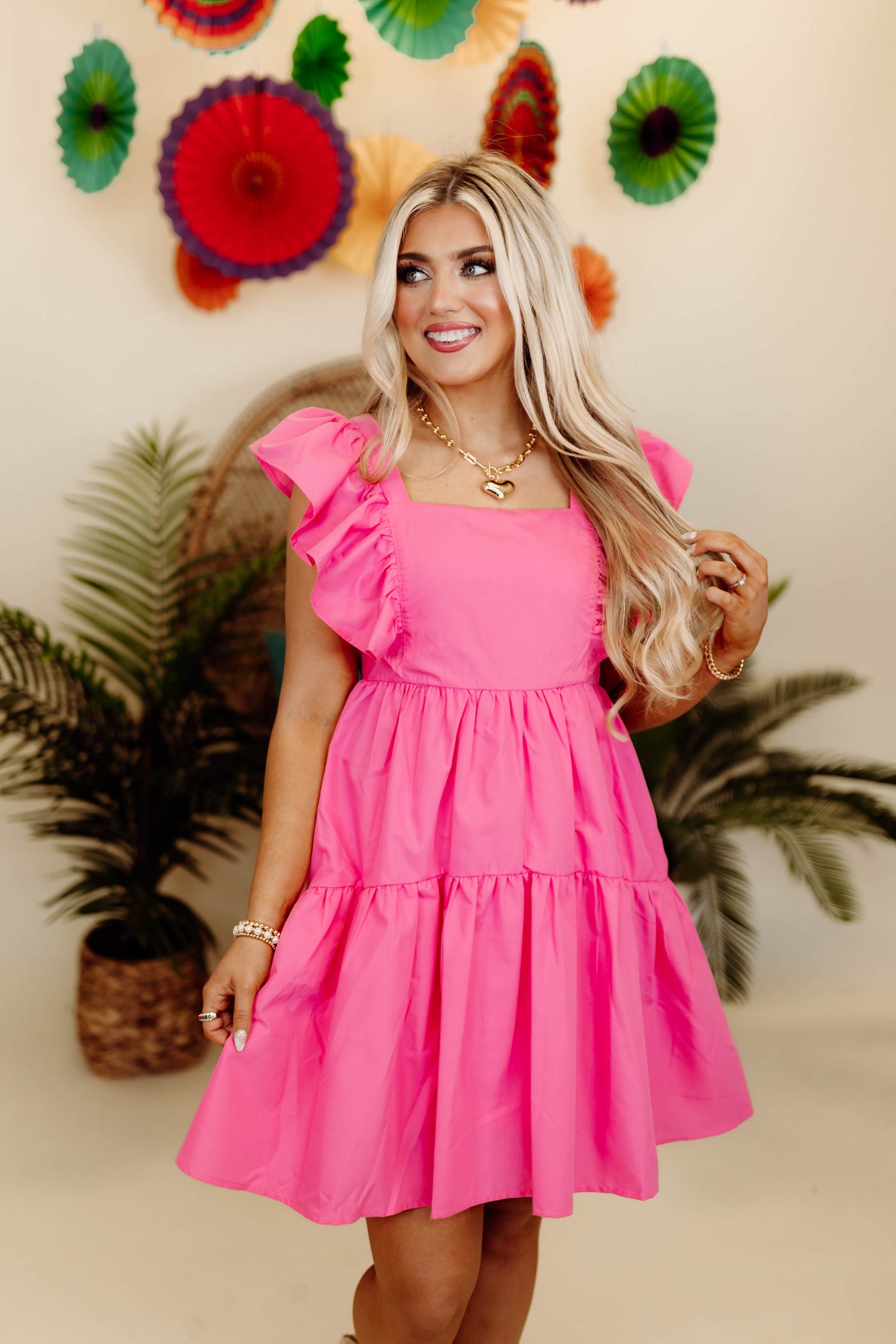 Pink Flutter Sleeve Babydoll Dress