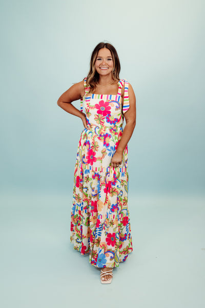 Ivory and Hot Pink Mix Floral Tie Sleeve Maxi Dress