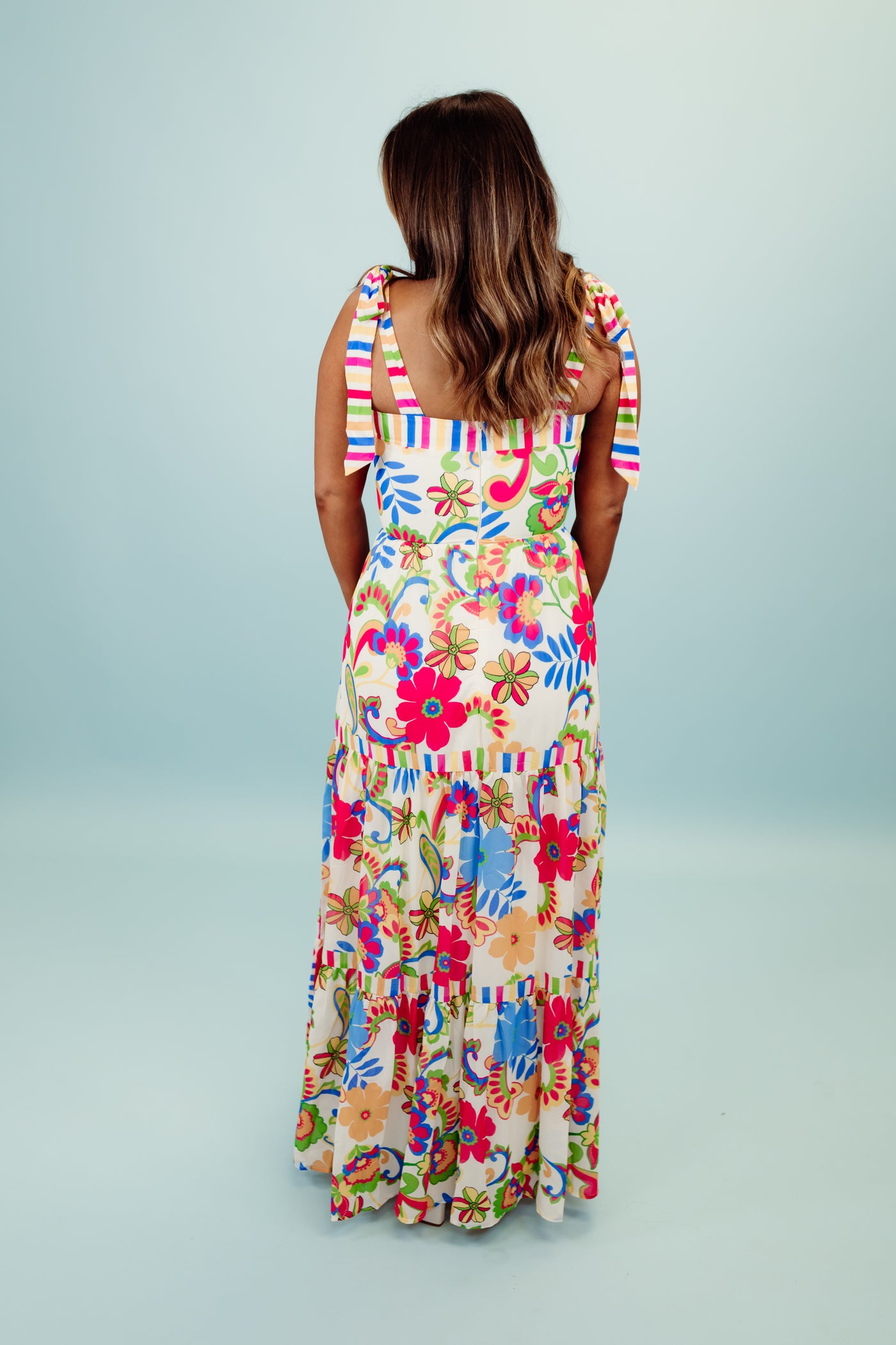 Ivory and Hot Pink Mix Floral Tie Sleeve Maxi Dress