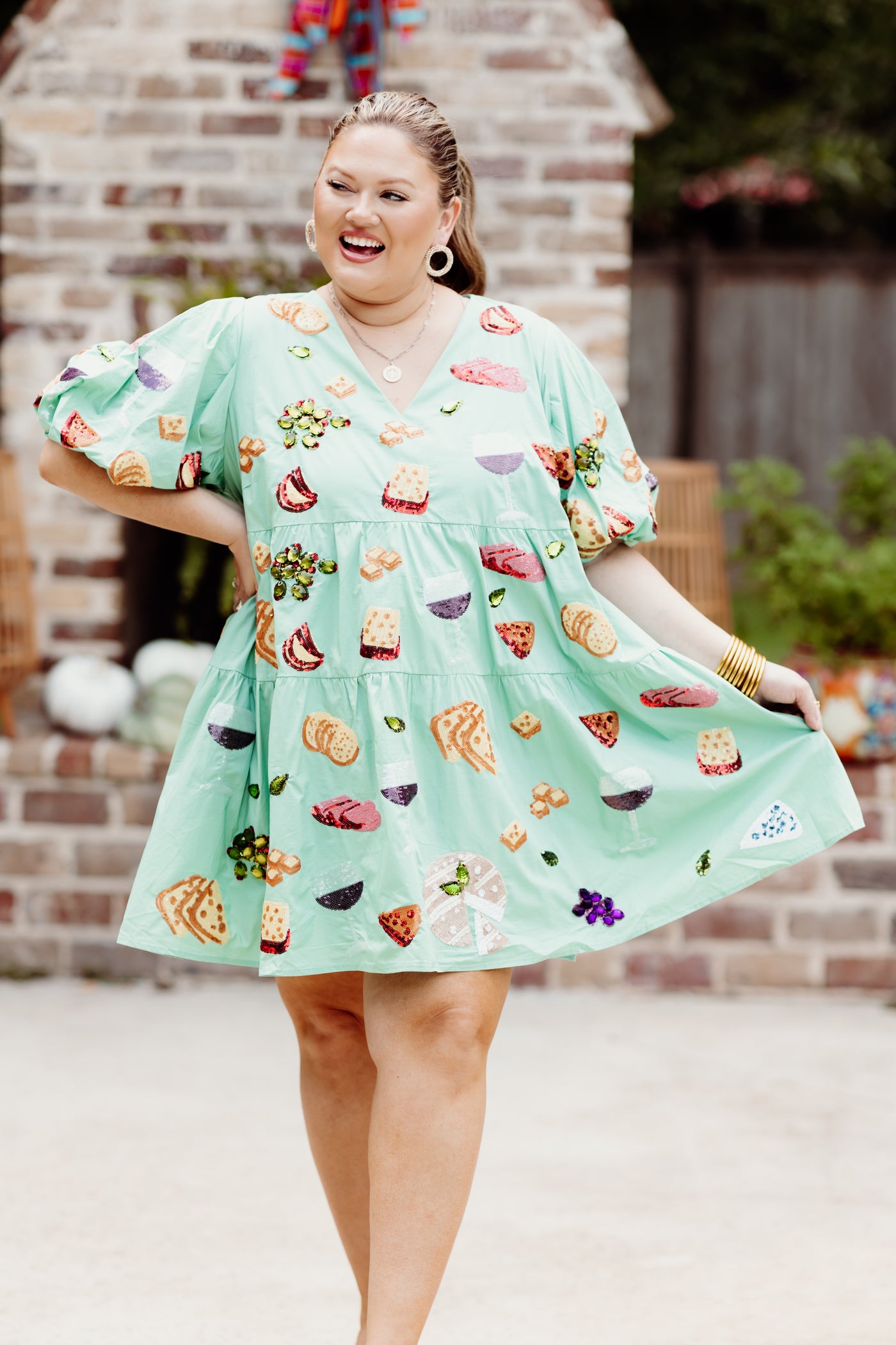 Queen Of Sparkles Mint Wine & Charcuterie Poof Sleeve Dress