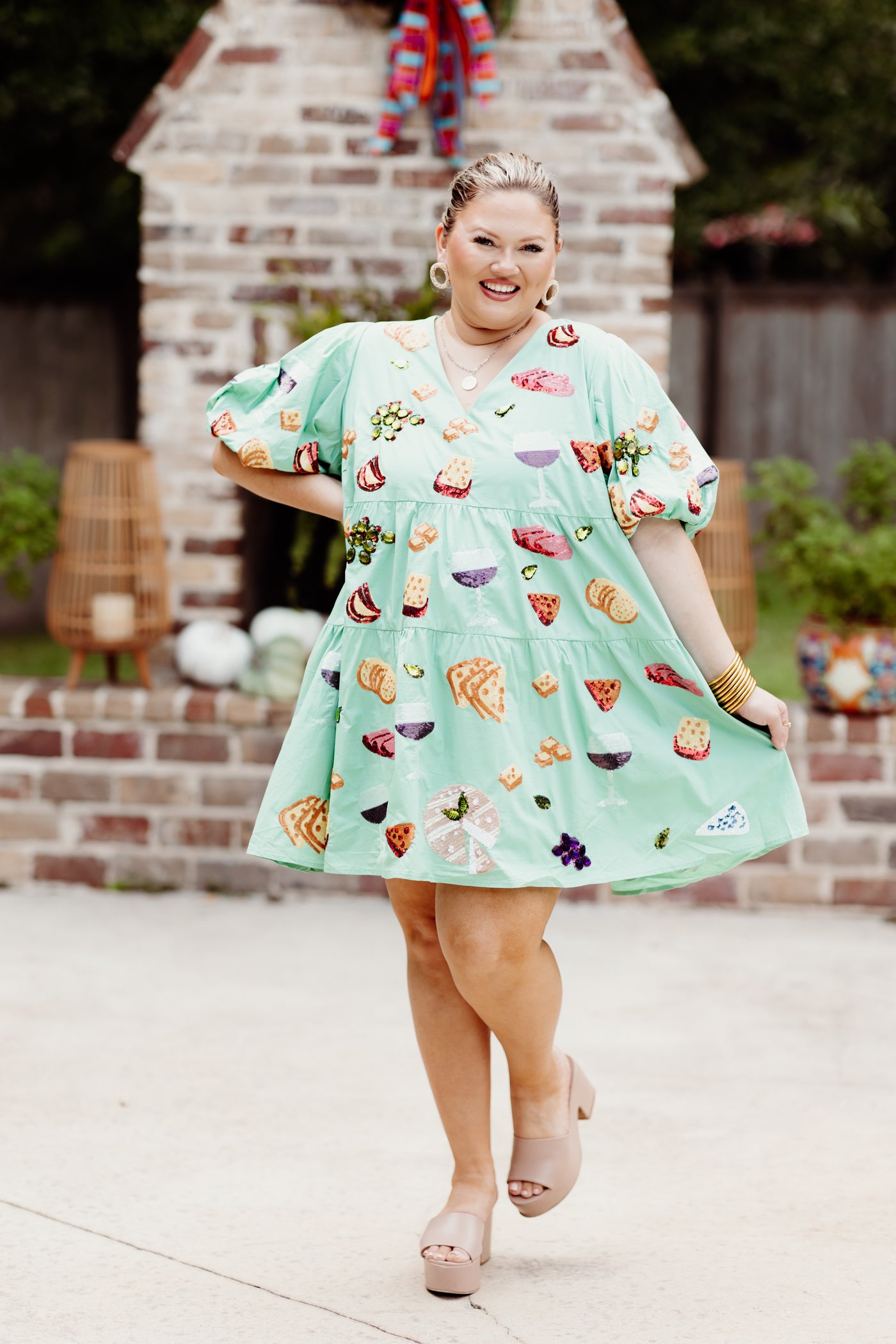 Queen Of Sparkles Mint Wine & Charcuterie Poof Sleeve Dress