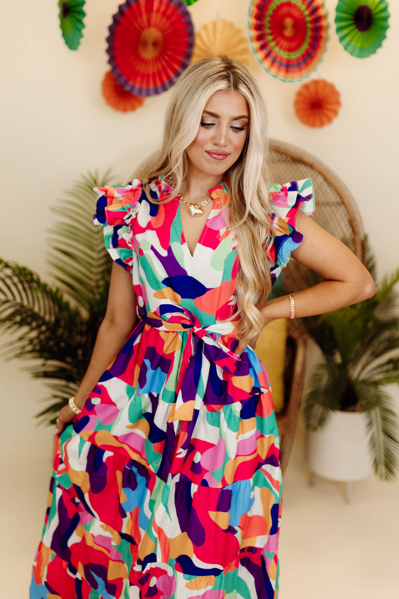 Multicolor Abstract Ruffled Maxi Dress
