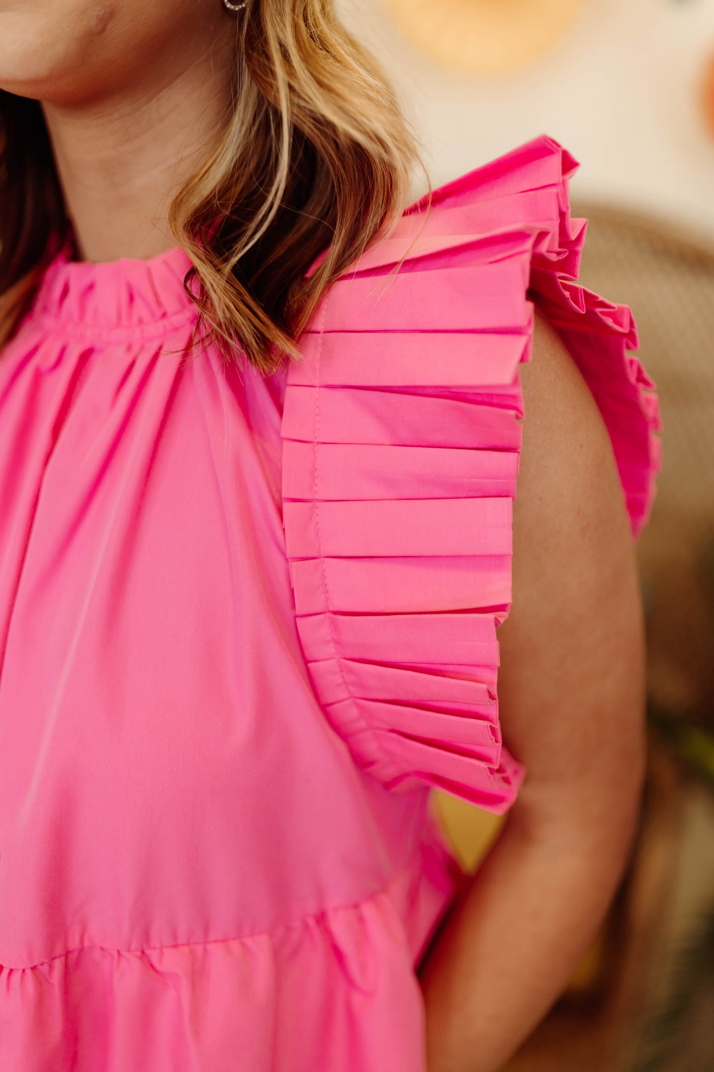 Pink High Neck Pleated Detail Mini Dress