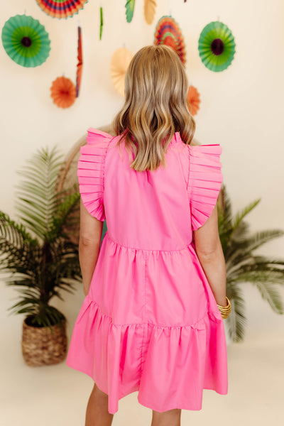Pink High Neck Pleated Detail Mini Dress