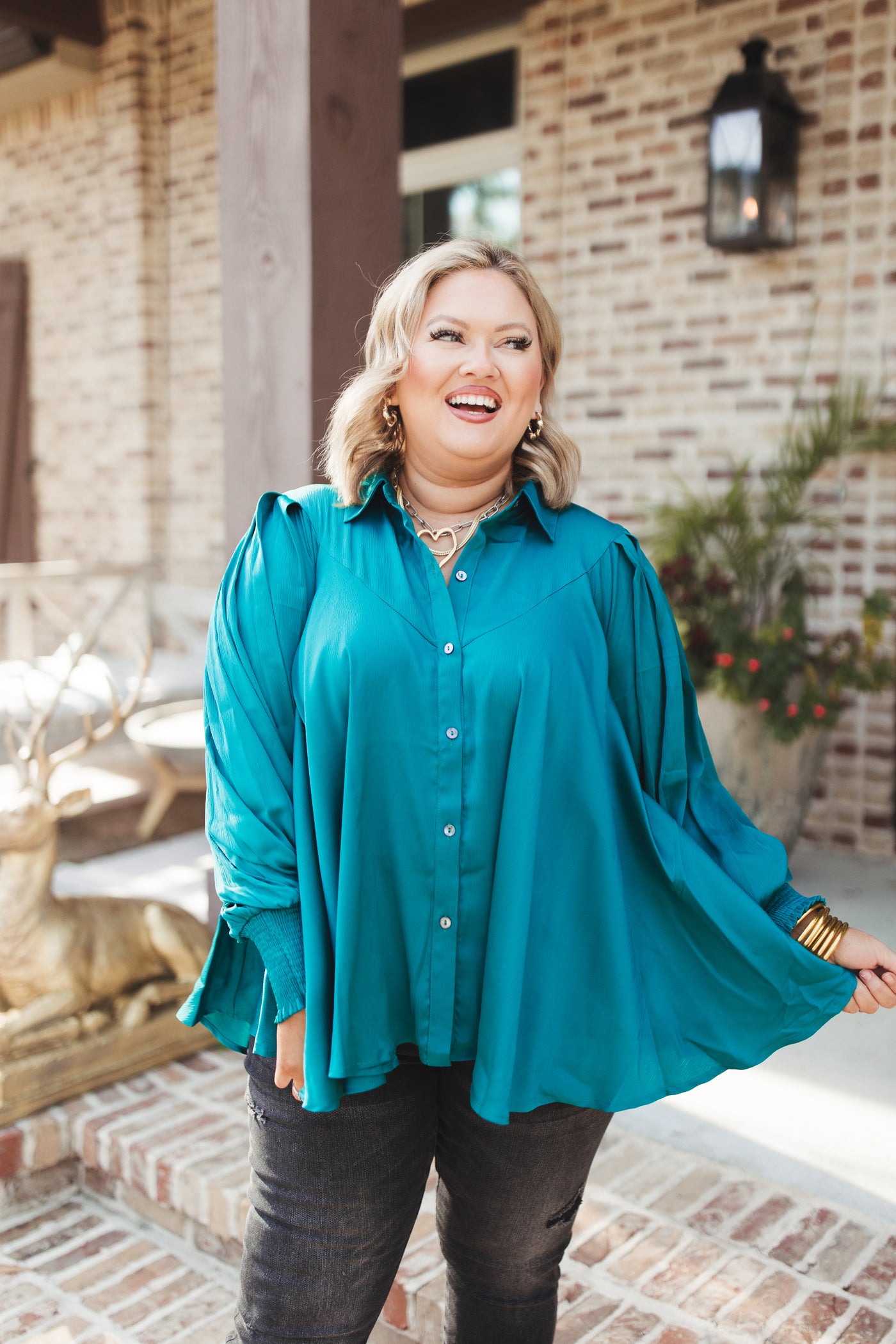 Teal Green Collared Button Down Swing Blouse