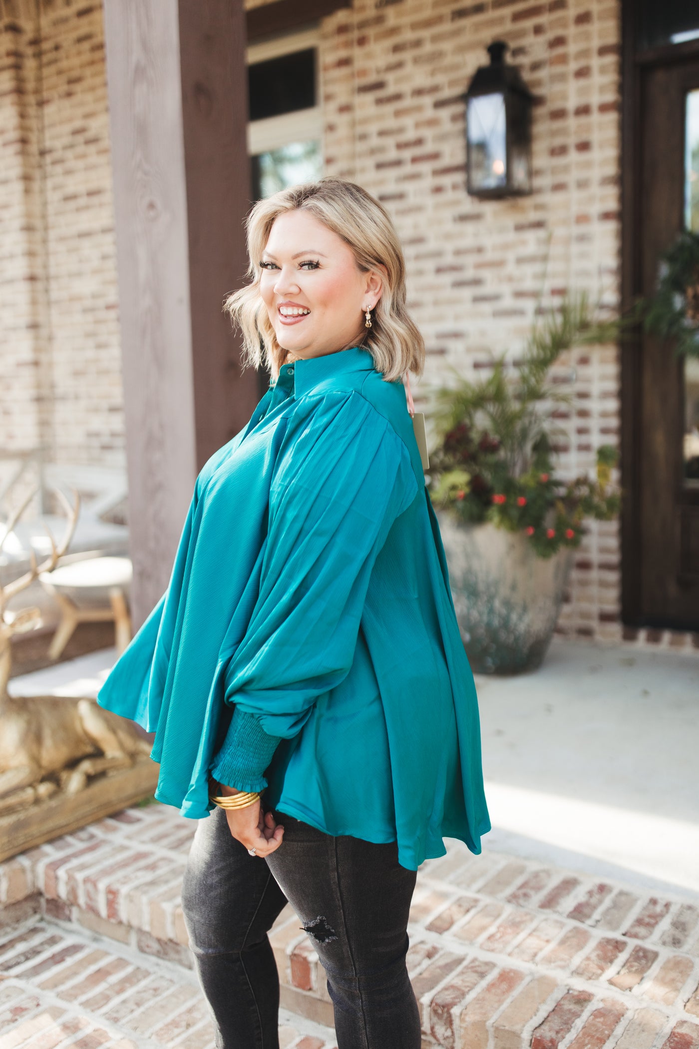 Teal Green Collared Button Down Swing Blouse