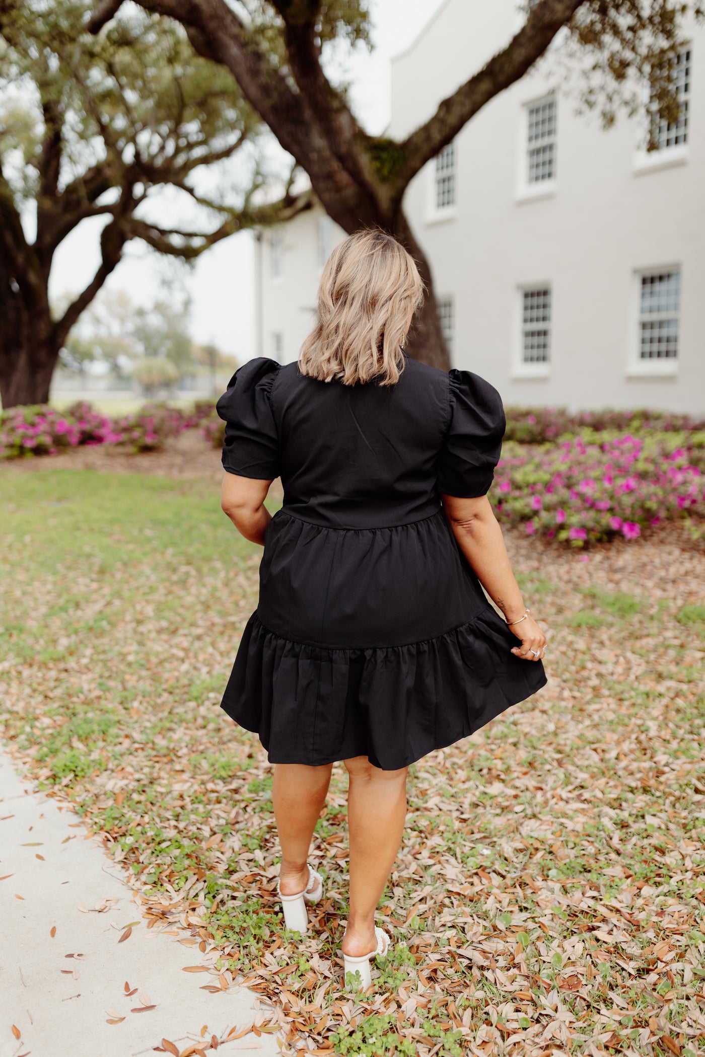 Black Solid V-Neck Puff Sleeve Mini Dress