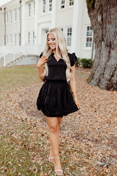 Black Ruffle V-Neck Smocked Waist Mini Dress