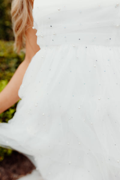 White Pearl and Rhinestone Strapless Mini Dress