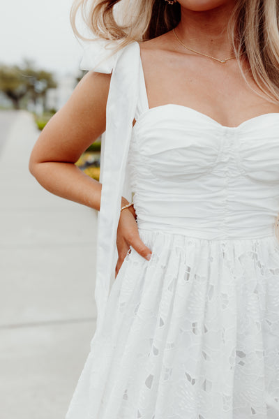 Off White Bustier Tie Detail Eyelet Maxi Dress