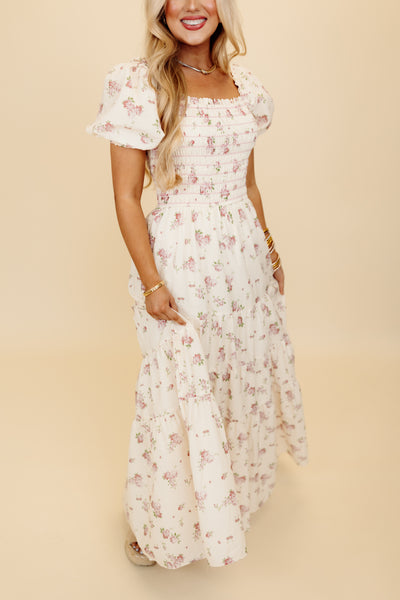 Ivory and Pink Floral Smocked Detail Maxi Dress